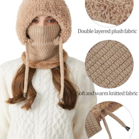 Fleece Lined Balaclava Knit Hat Scarf Mask One-Piece Winter Warm Cap main image 8